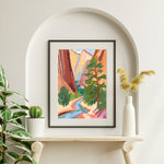 a painting on a wall above a shelf