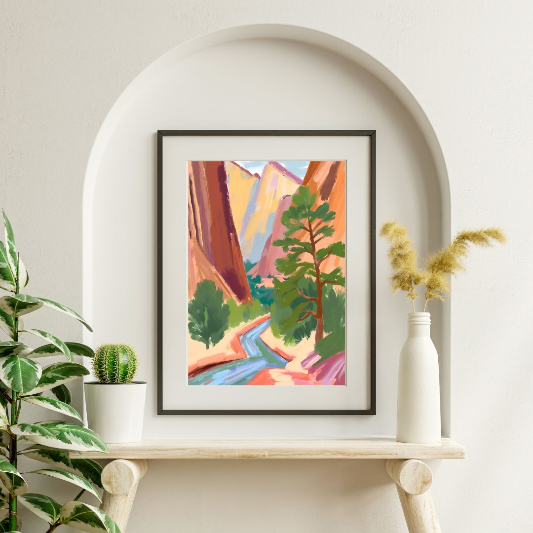 a painting on a wall above a shelf