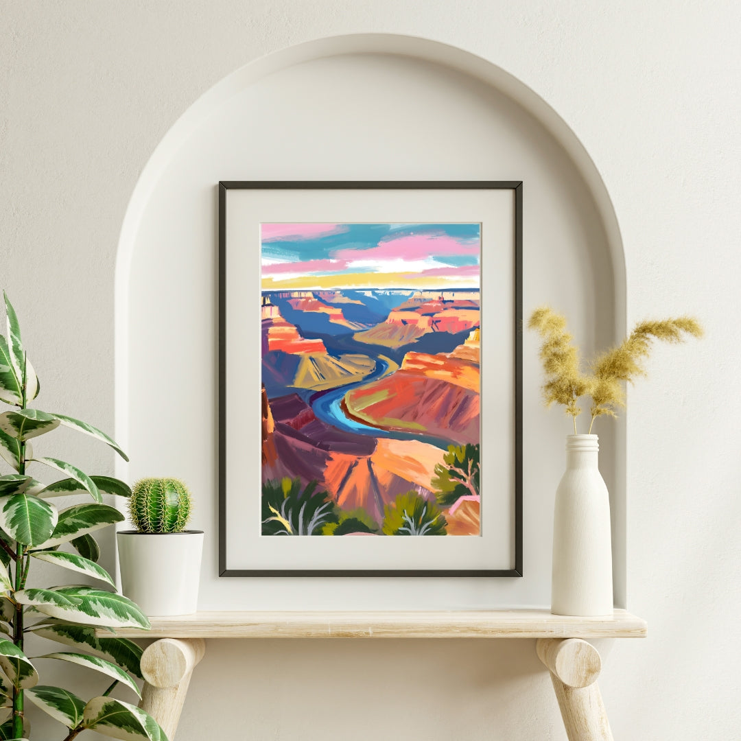 a painting on a wall above a shelf