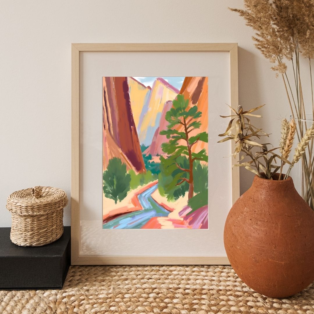 a picture of a painting on a wall next to a potted plant