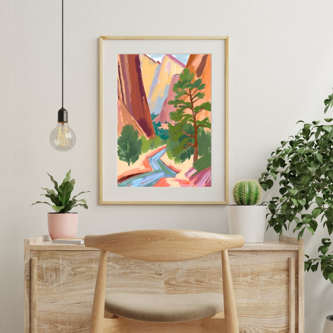 a painting hanging on a wall next to a chair