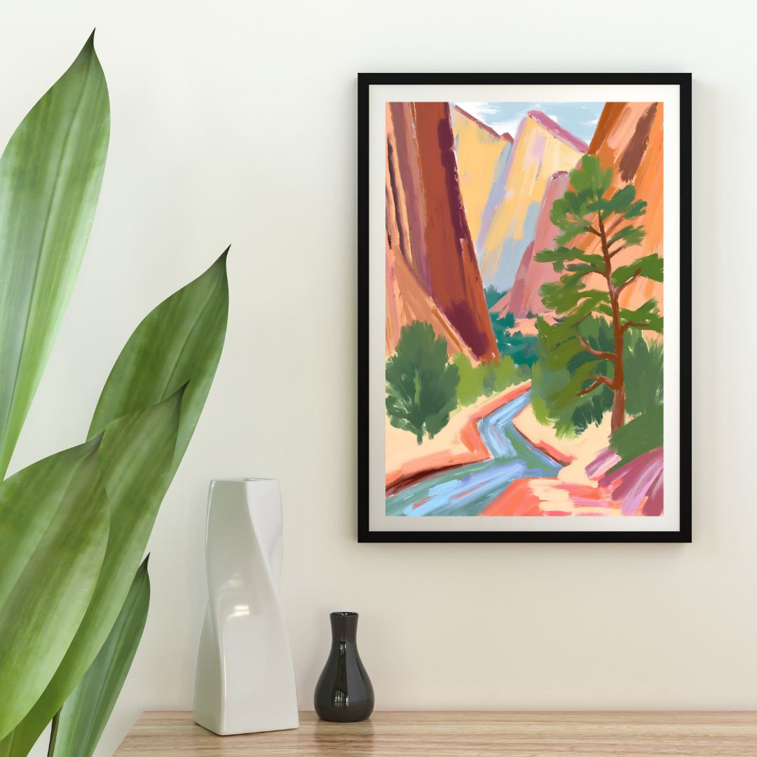 a painting hanging on a wall next to a potted plant