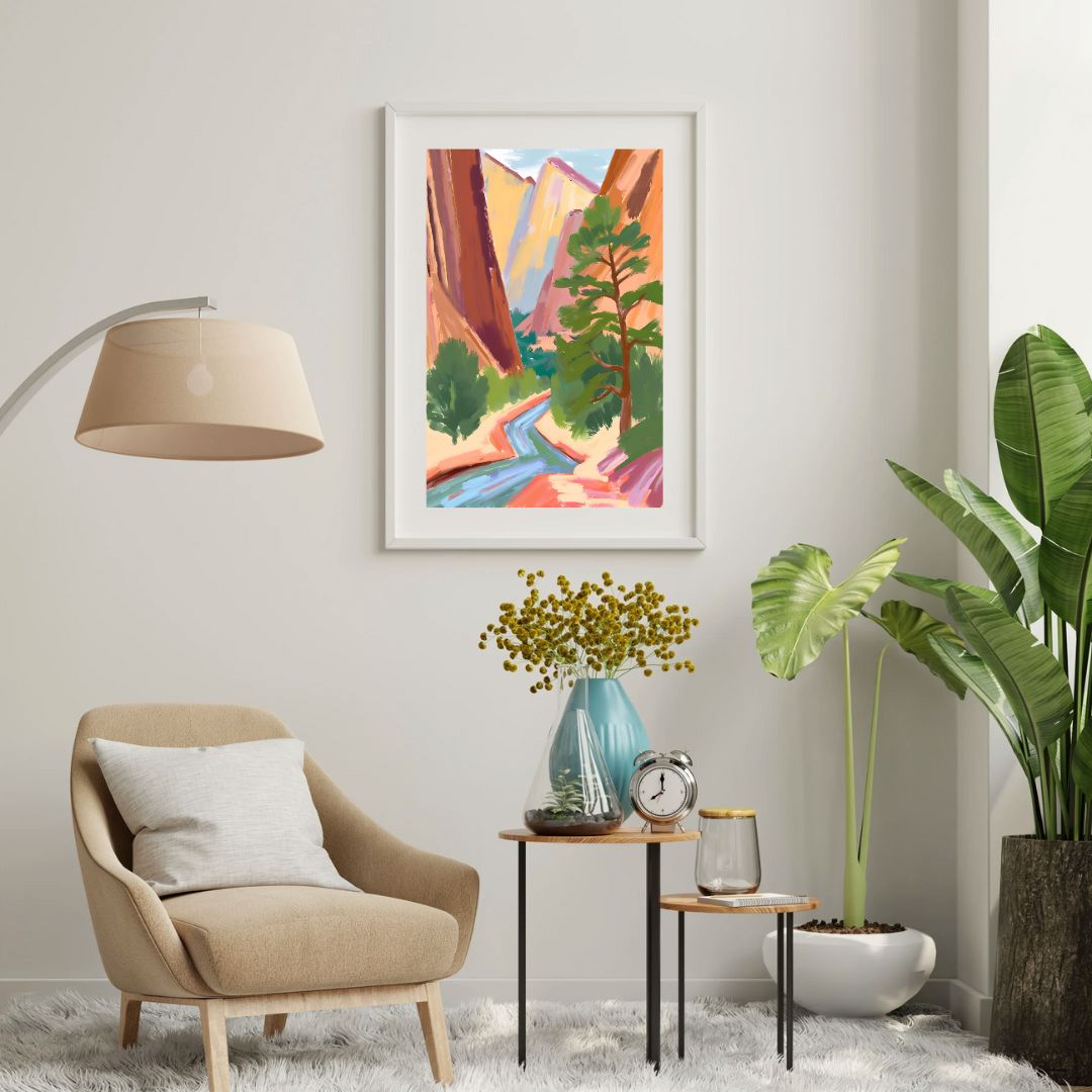 a living room with a chair, table and a painting on the wall