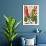 a living room with a blue couch and a painting on the wall