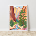 a painting of a mountain scene with a river running through it