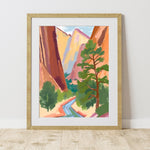 a painting of a mountain scene with a river running through it