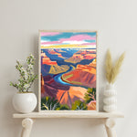 a painting on a shelf next to a vase of flowers