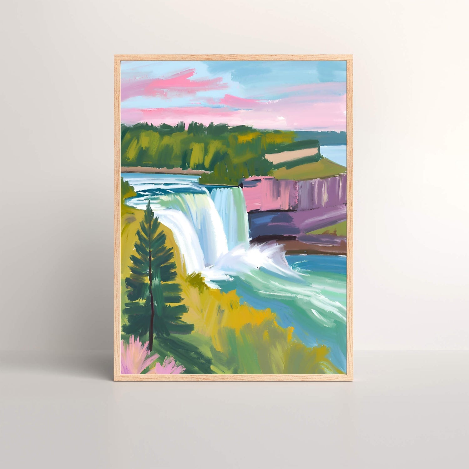 an art print of a painting of Niagara Falls in an oak frame