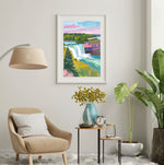 a living room with a chair and a painting on the wall