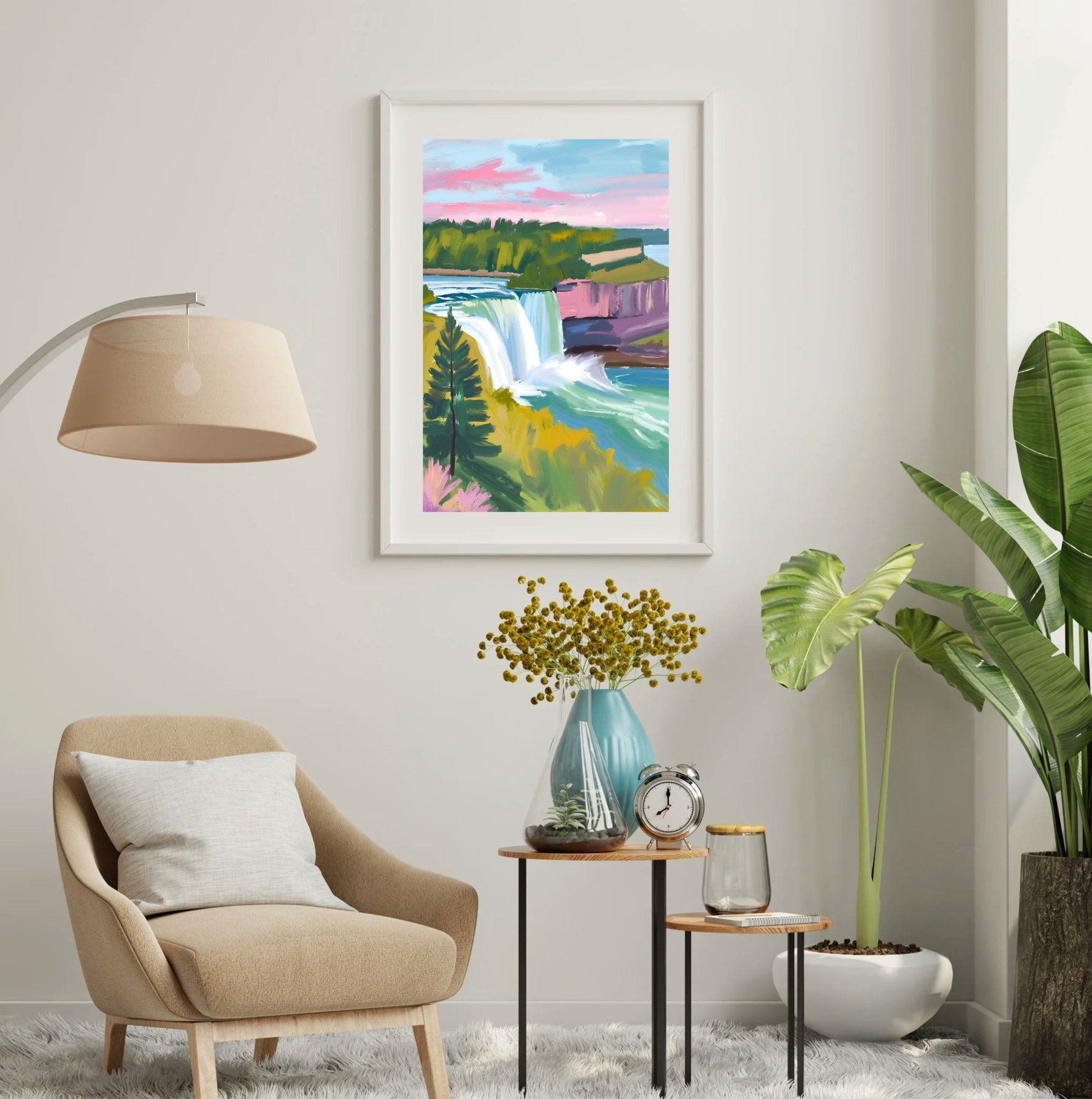 a living room with a chair and a painting on the wall