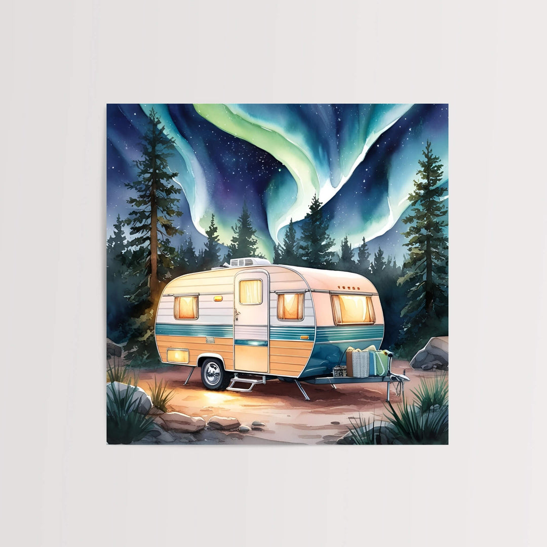 Retro camper art print under Northern Lights with pine trees and night sky, unframed and borderless