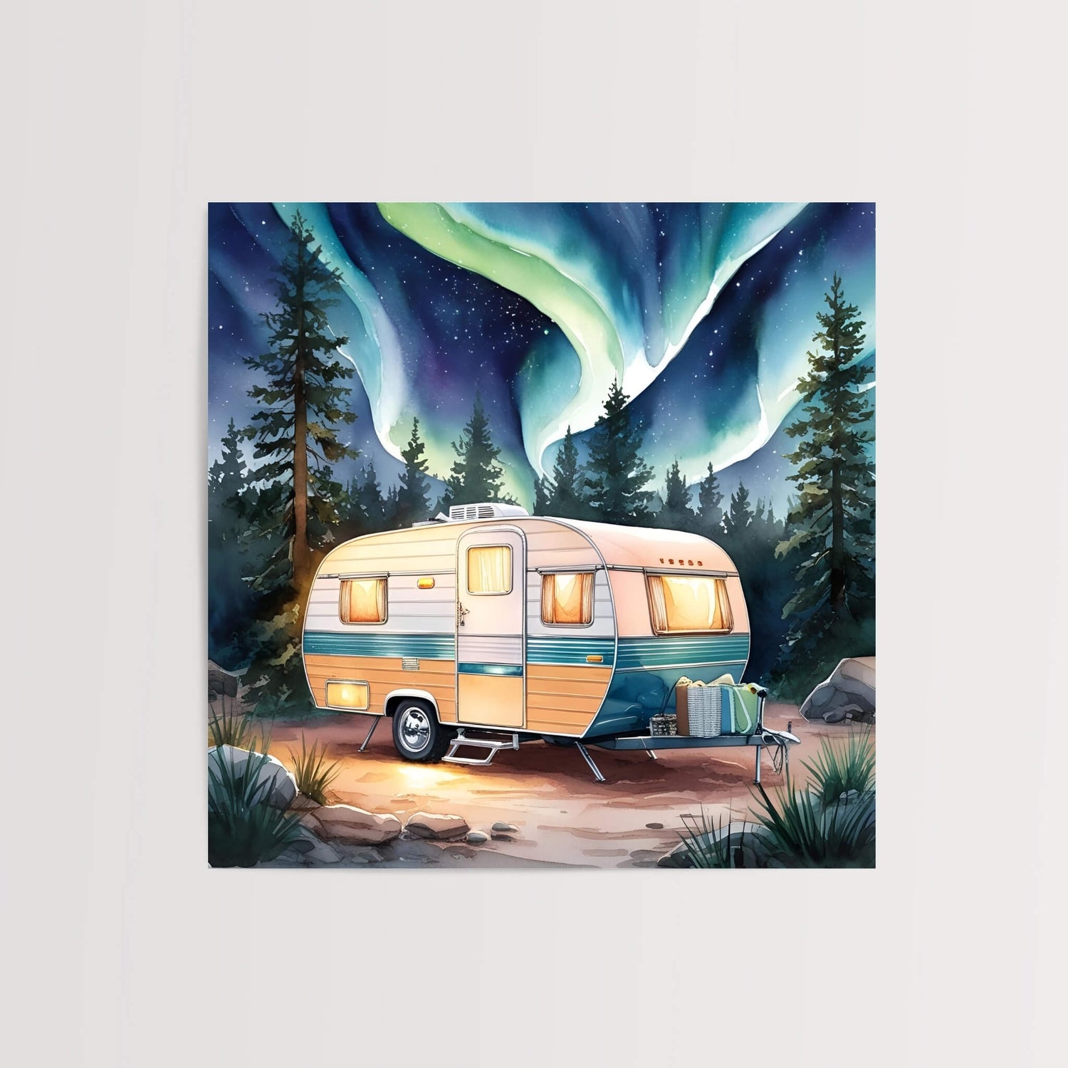 Retro camper art print under Northern Lights with pine trees and night sky, unframed and borderless