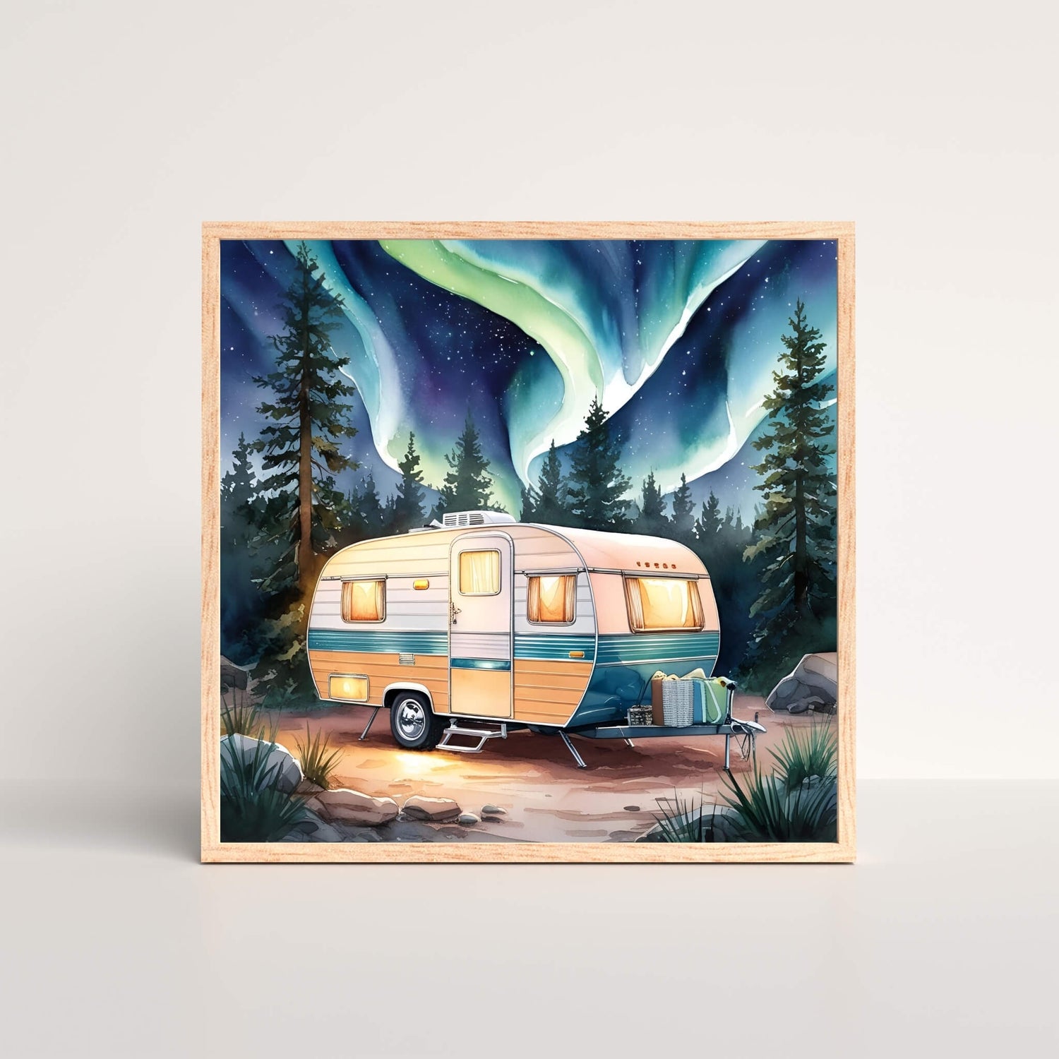 Northern Lights camper art print in wooden frame with glowing retro trailer and forest background