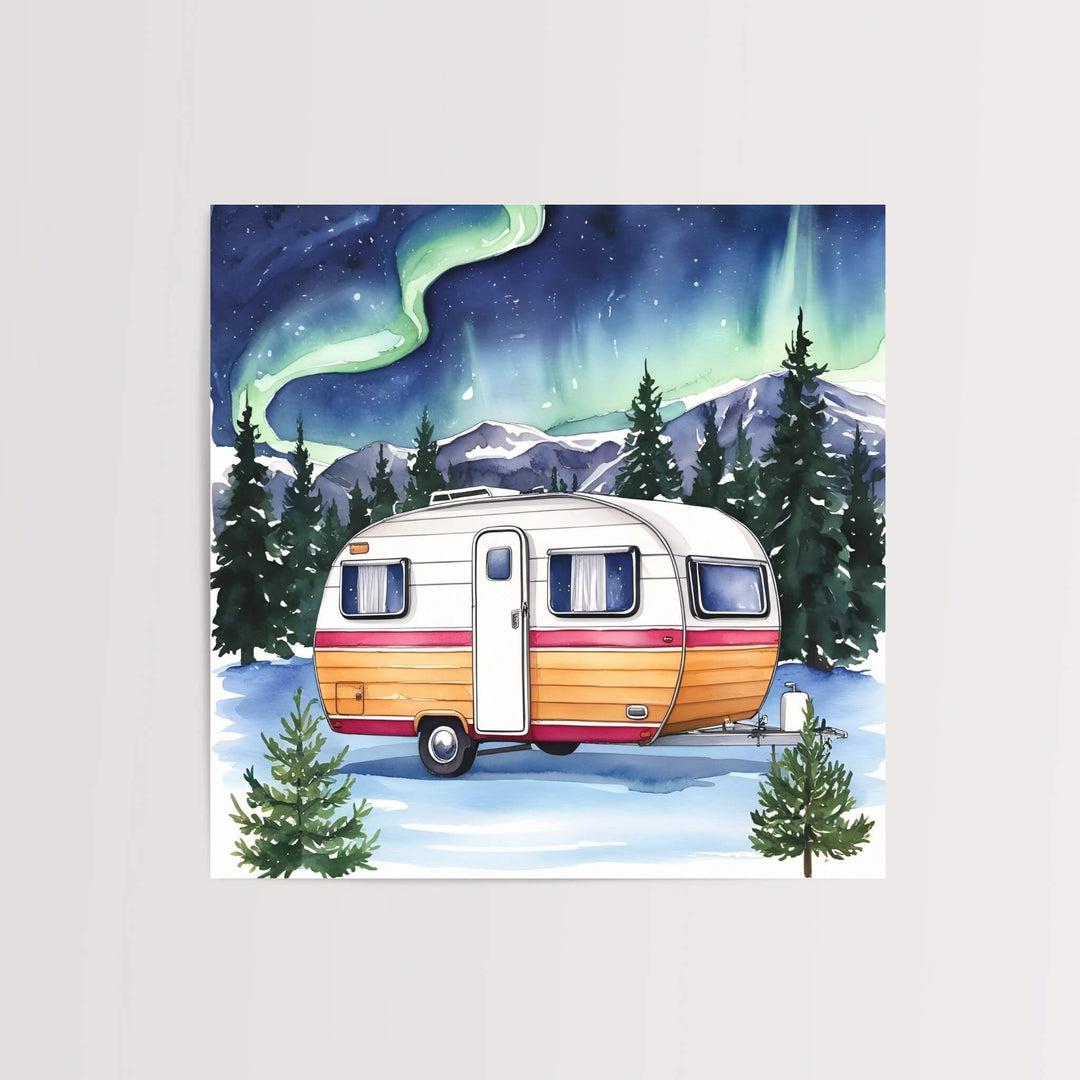 Close-up of the Northern Lights Winter Camper Art Print, showcasing a serene winter scene with the northern lights illuminating a cozy vintage RV.