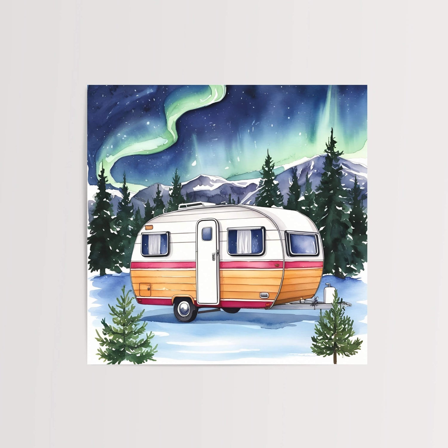 Close-up of the Northern Lights Winter Camper Art Print, showcasing a serene winter scene with the northern lights illuminating a cozy vintage RV.