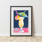 a painting of a glass with a drink and a umbrella
