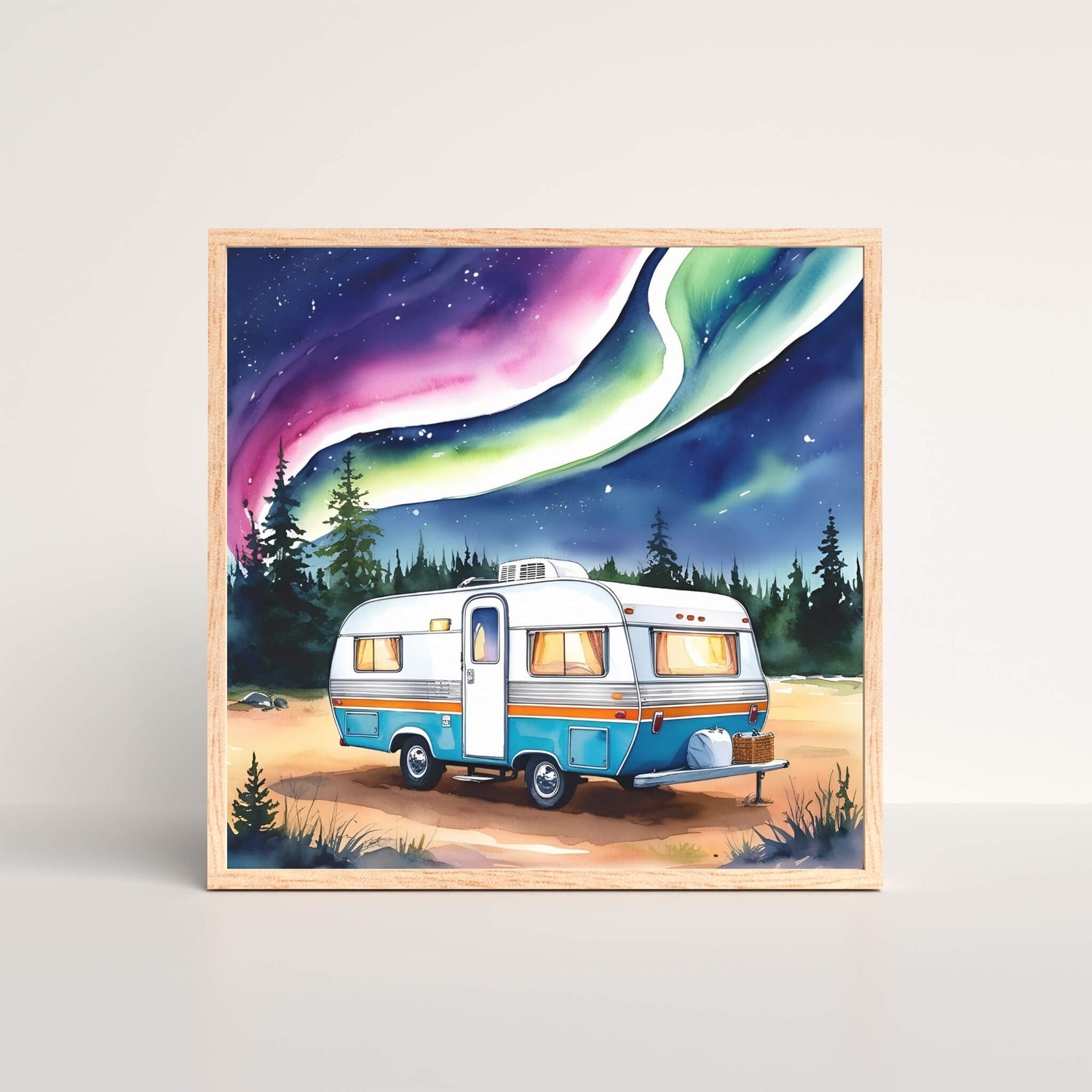 Northern Lights retro camper art print in frame with aurora sky background