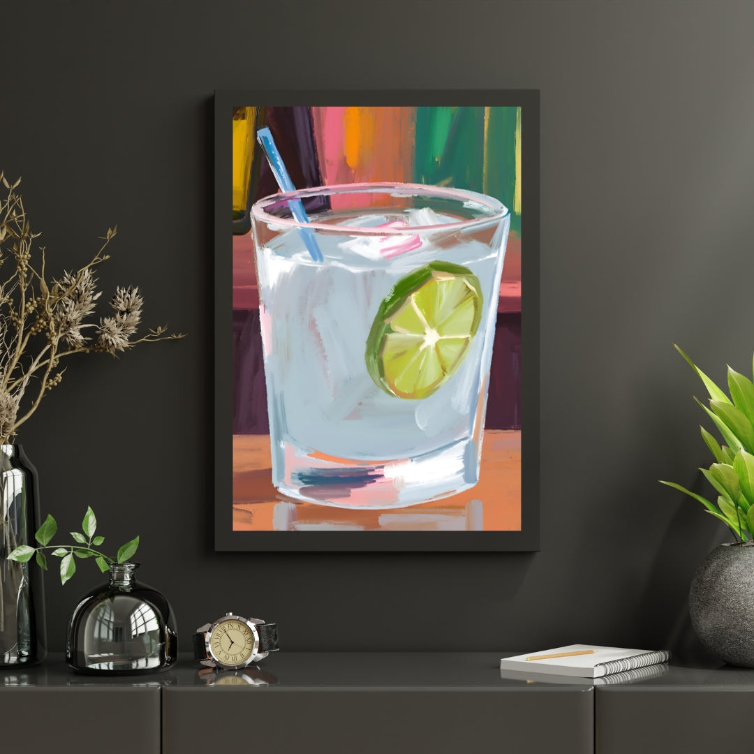 a painting of a gin and tonic with a lime and straw