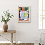 a painting of a gin and tonic with a lime and straw