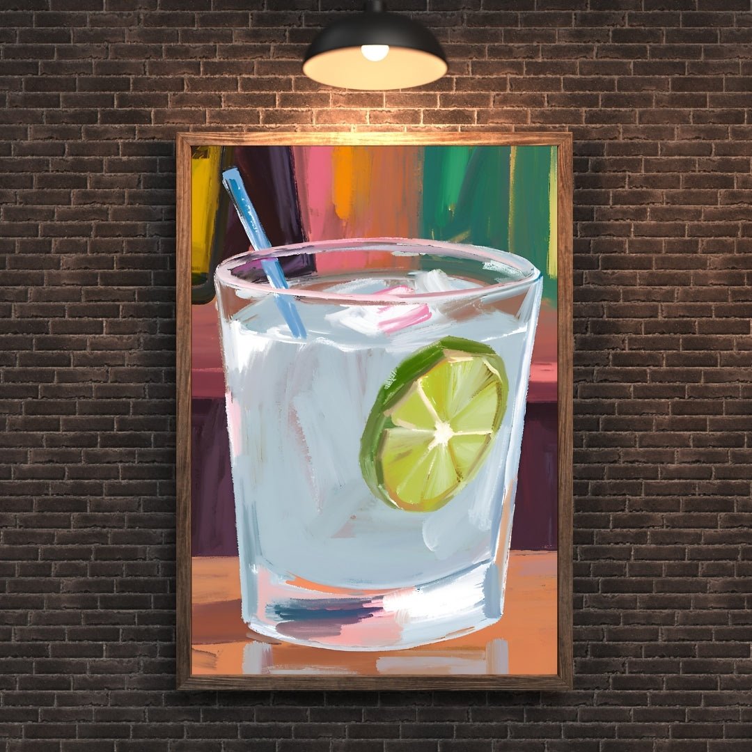 a painting of a gin and tonic with a lime and straw