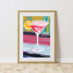 a painting of a pink drink with a slice of orange