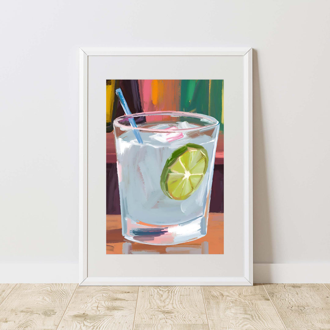 a painting of a gin and tonic with a lime