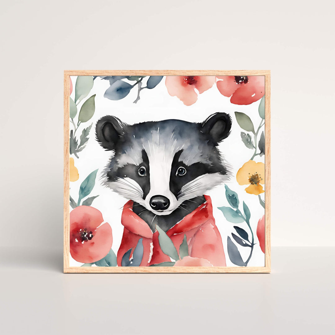 an art print of watercolor painting featuring a Wisconsin Badger  with a floral border in a oak picture frame
