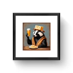8x8 inch art print of a badger wearing a cheesehead hat and raising a beer glass, framed in a.875 inch matte black 12x12 picture frame with a 2 inch chalk white mat, displayed on a beige floor.