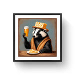 15.5x15.5 inch art print of a badger wearing a cheesehead hat and raising a beer glass, framed in a.875 inch matte black 20x20 picture frame with a 2.25 inch chalk white mat, displayed on a beige floor.