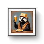 20x20 inch art print of a badger wearing a cheesehead hat and raising a beer glass, framed in a.875 inch matte black 24x24 picture frame with a 2 inch chalk white mat, displayed on a beige floor.