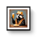 30x30 inch art print of a badger wearing a cheesehead hat and raising a beer glass, framed in a 1.93 inch matte black 36x36 picture frame with a 3 inch chalk white mat, displayed on a beige floor.