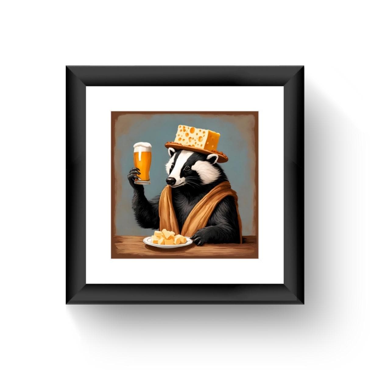 6x6 inch art print of a badger wearing a cheesehead hat and raising a beer glass, framed in a .875 inch inch matte black 8x8 inch picture frame with a 1 inch chalk white mat, displayed on a beige floor.