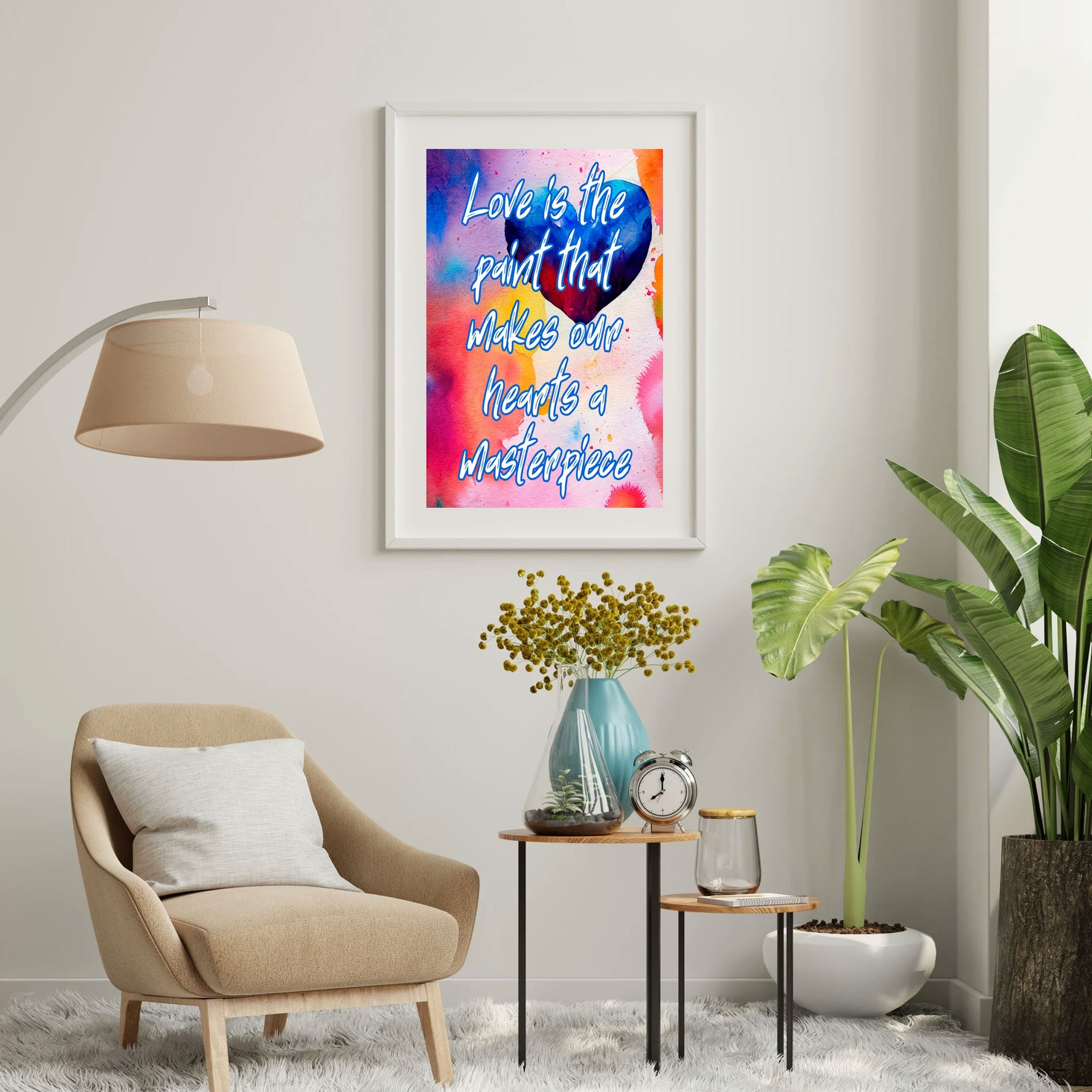 Fine Art Giclee Print - Love is the paint that makes our hearts a masterpiece - framed and matted in a white picture frame hanging on a wall in the living room.