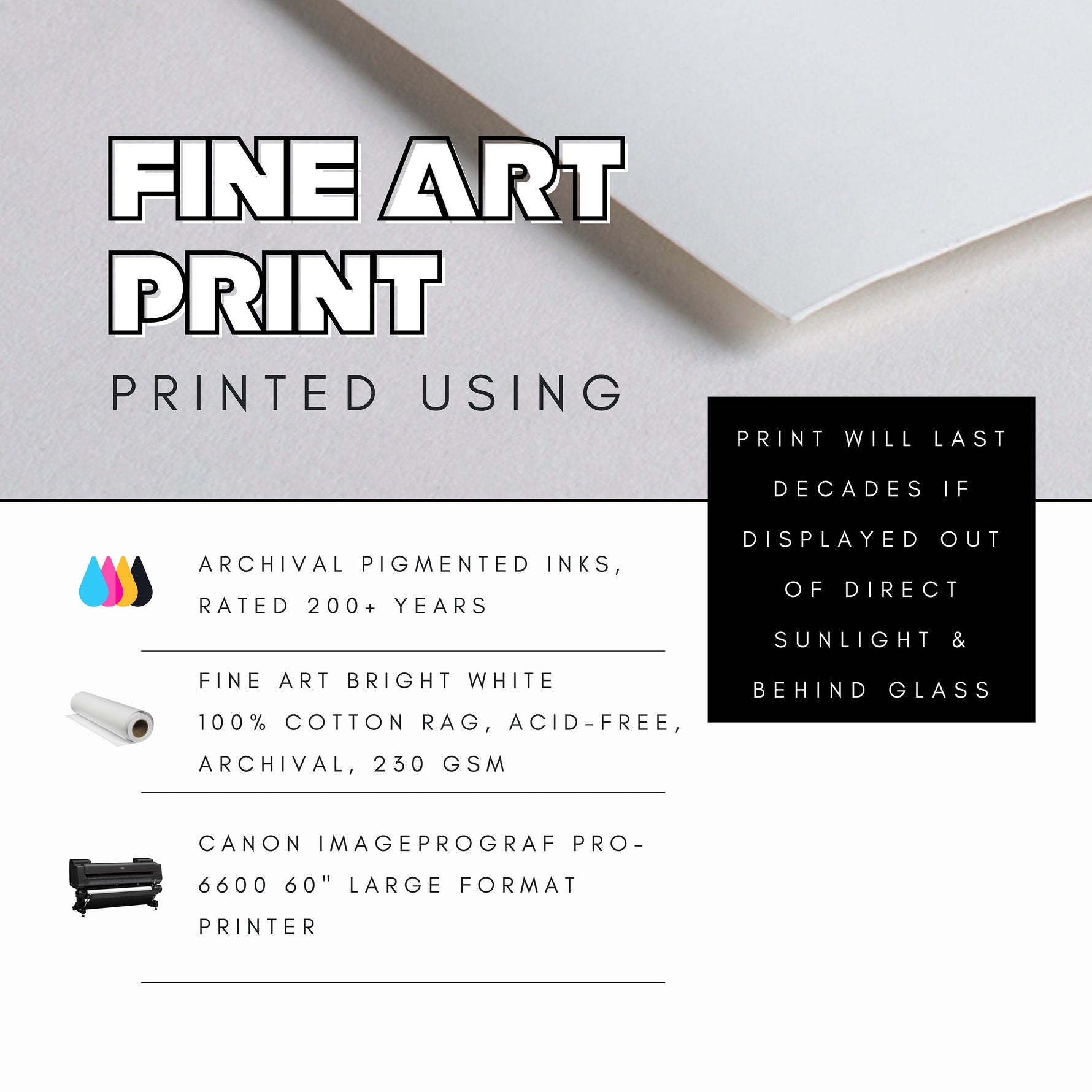 Details of how are fine art prints are printed. Using archival pigmented inks, fine art bright white, 100% cotton rag, acid-free, archival, 230 gsm paper on a Canon ImageProGraf Pro- 6600 60&quot; large format printer.