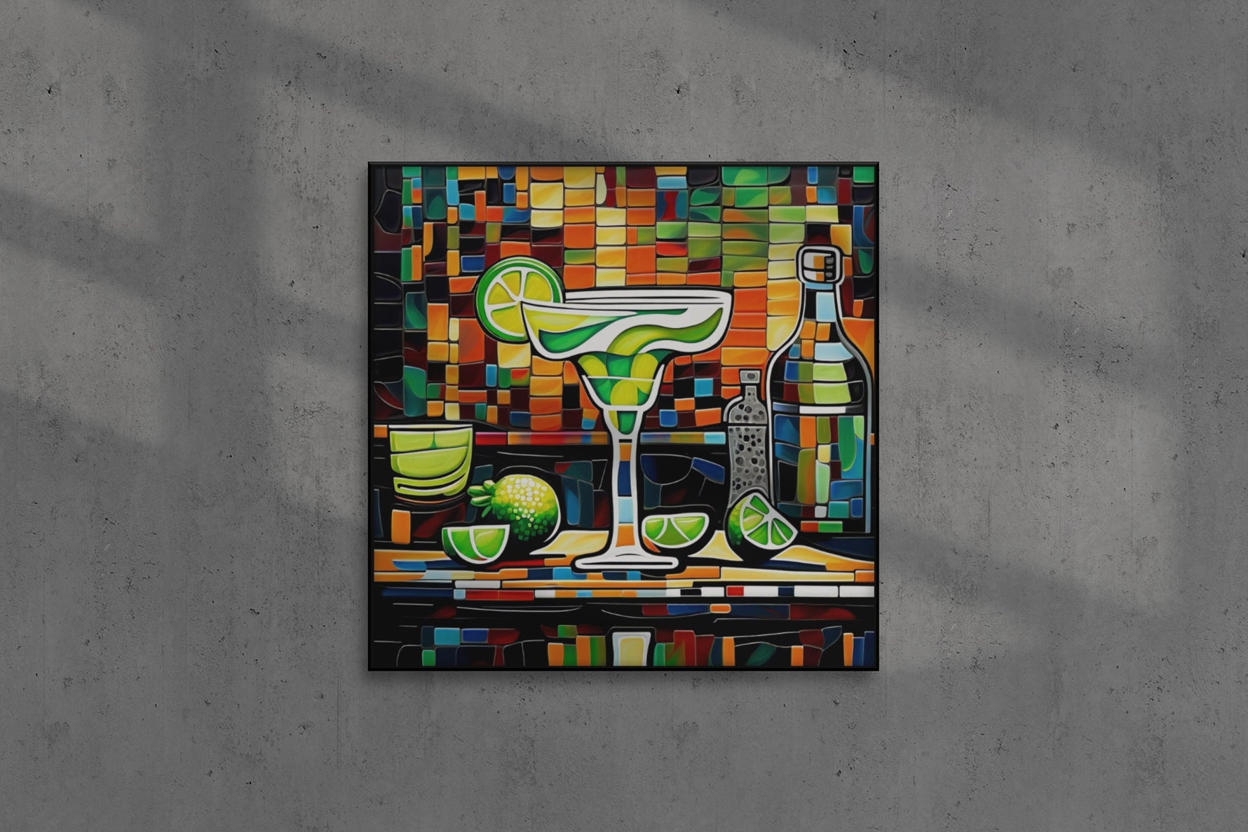a painting of a martini with limes and a bottle
