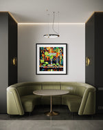 a corner booth with a round table and a painting on the wall