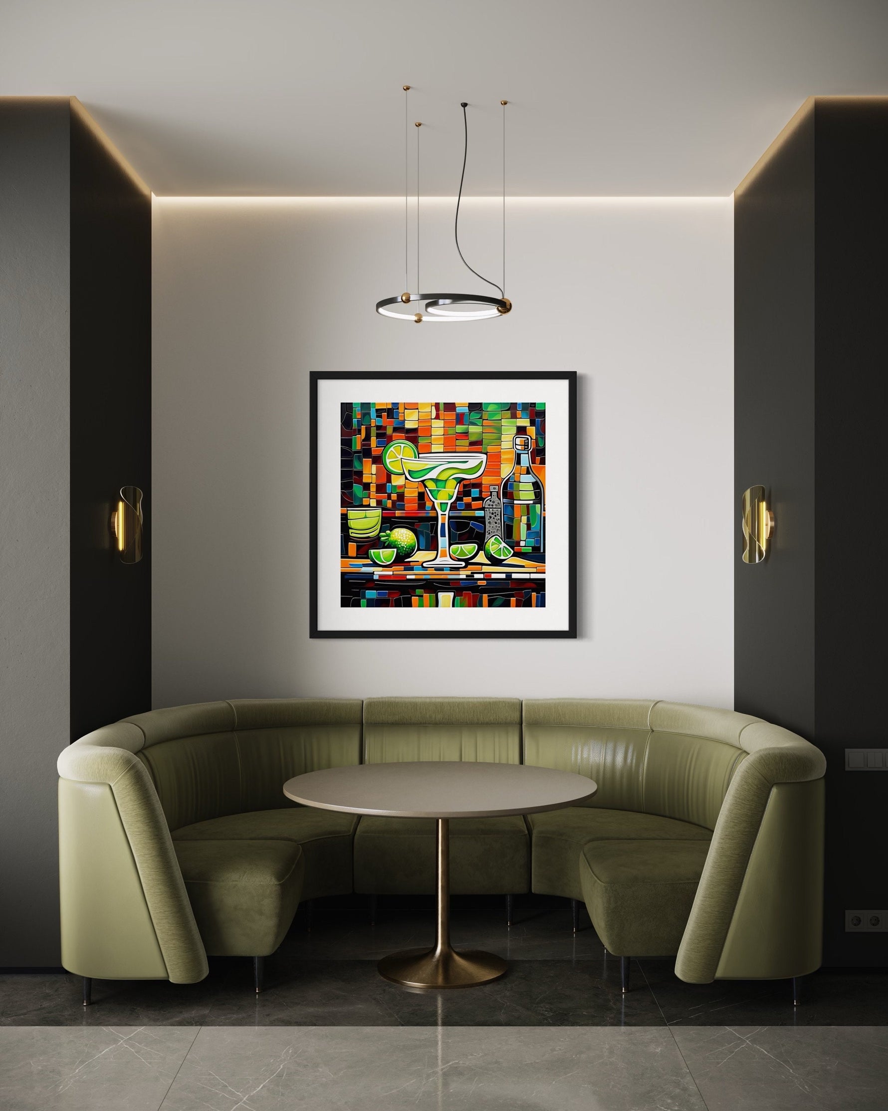 a corner booth with a round table and a painting on the wall