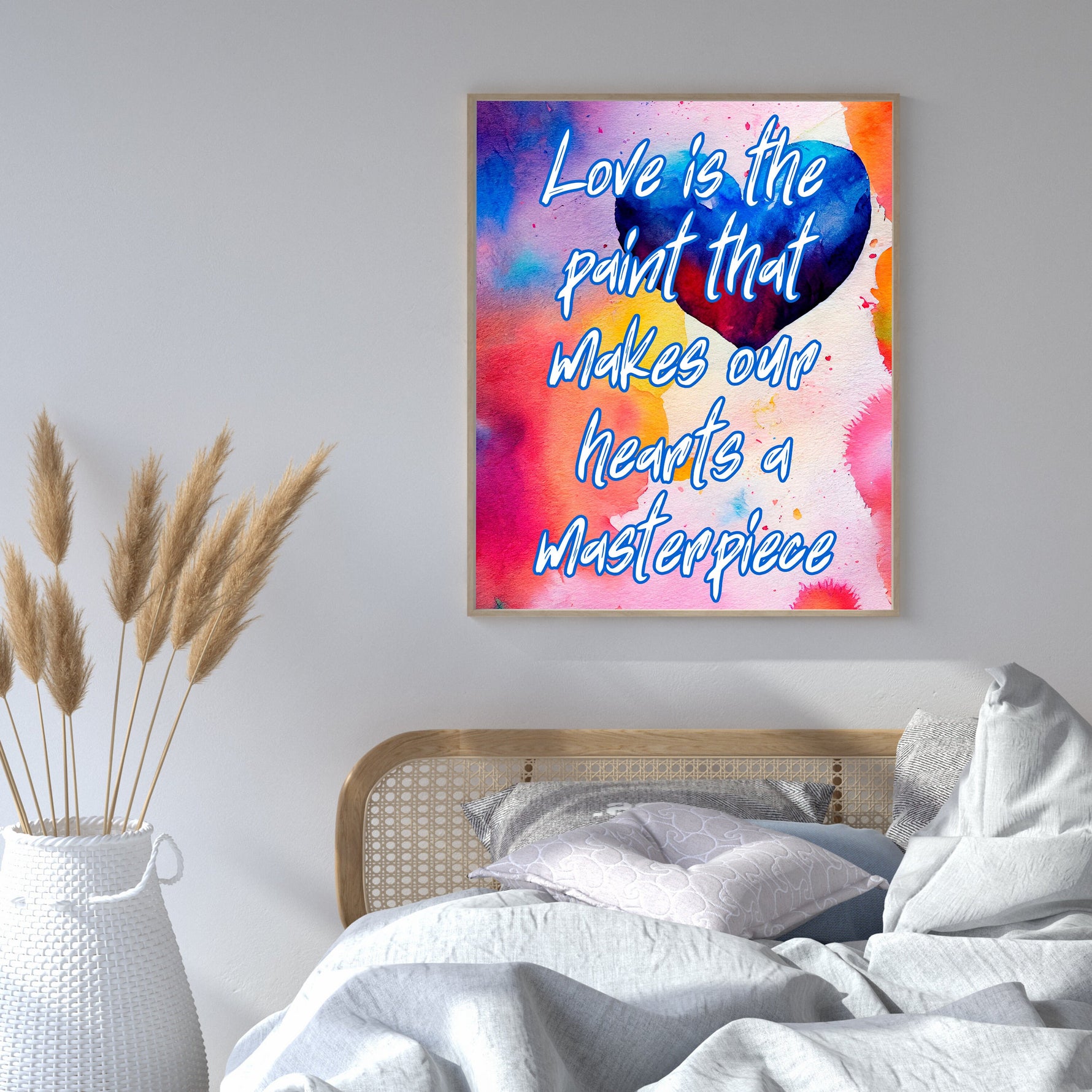 Fine Art Giclee Print - Love is the paint that makes our hearts a masterpiece - hanging on a bedroom wall framed.