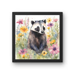 a painting of a raccoon in a field of flowers