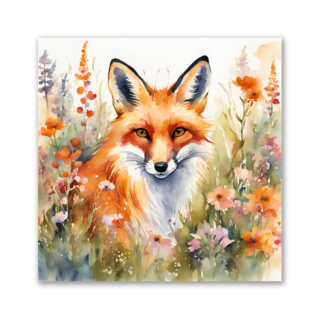 Watercolor of a Fox in a Field of Flowers Art Print laying flat on a white surface