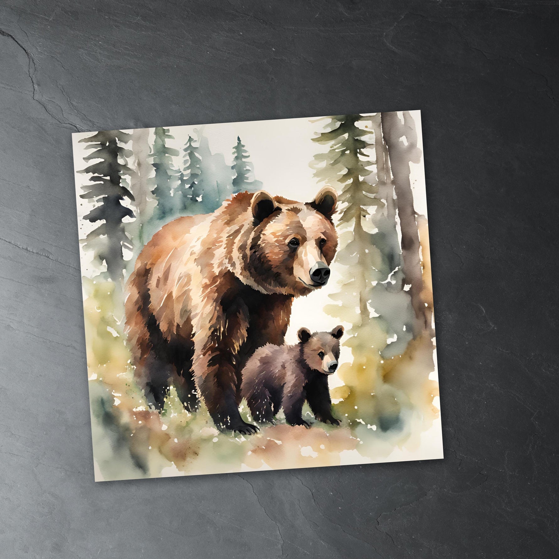 Mama Bear and Cub Watercolor Fine Art Print