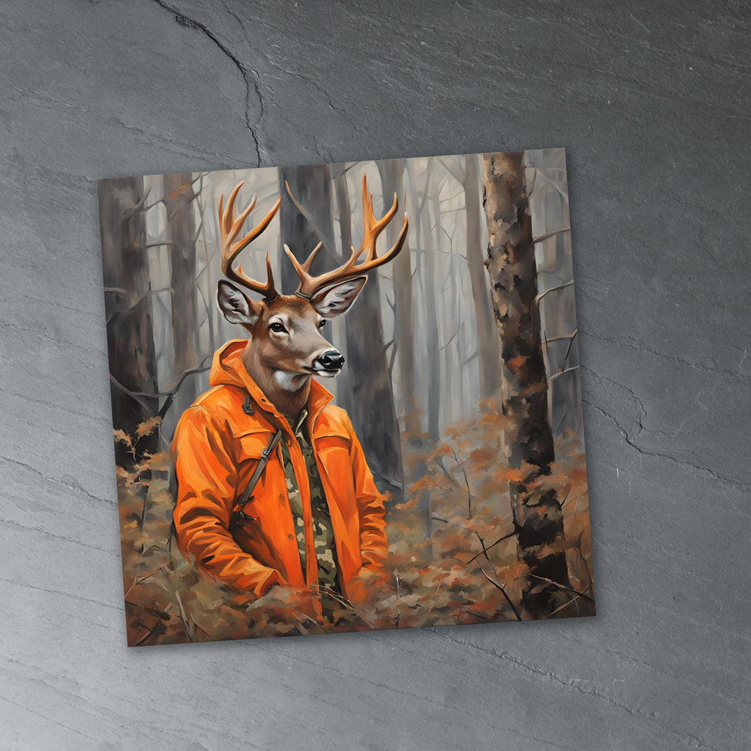a painting of a deer wearing an orange jacket