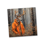 a painting of a deer wearing an orange jacket