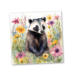 a painting of a raccoon in a field of flowers