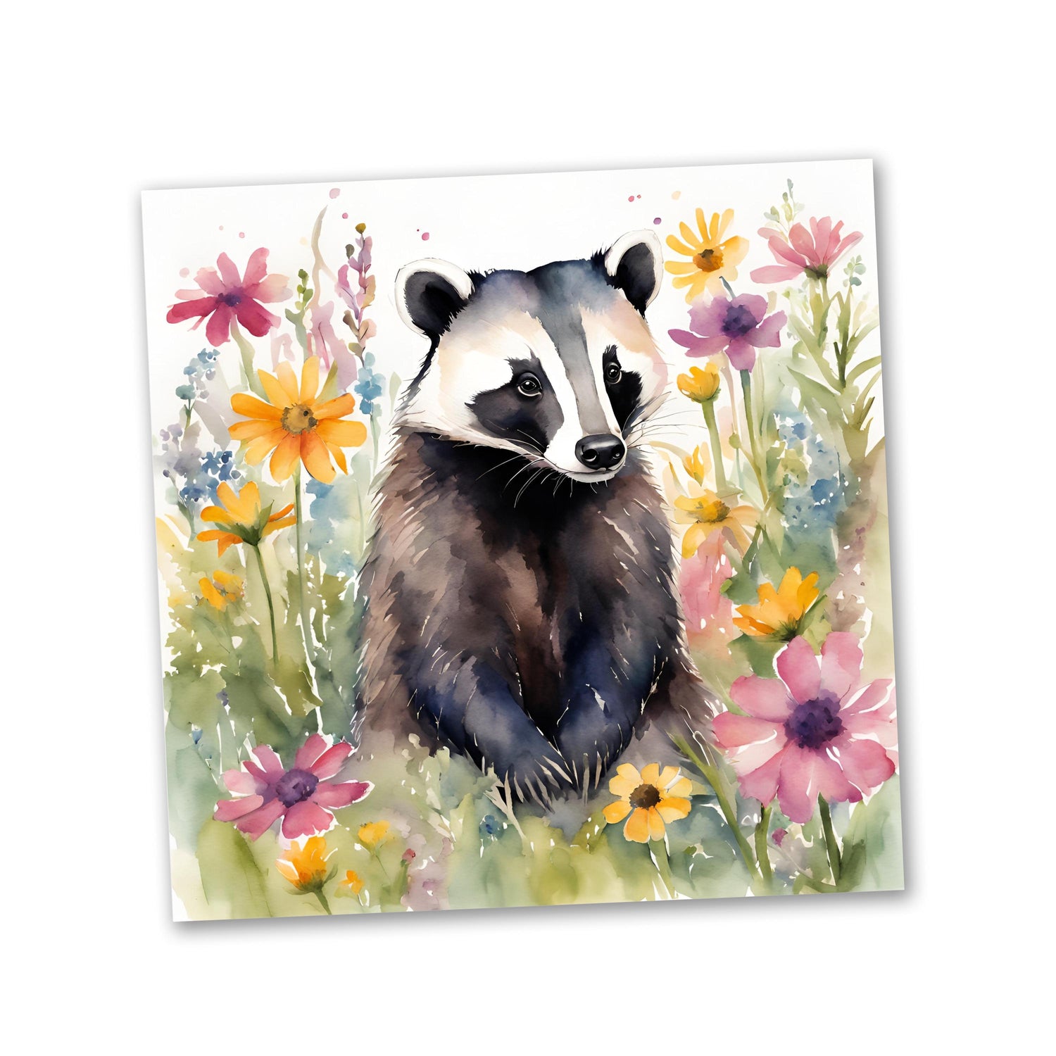 a painting of a raccoon in a field of flowers