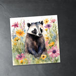 a painting of a raccoon in a field of flowers