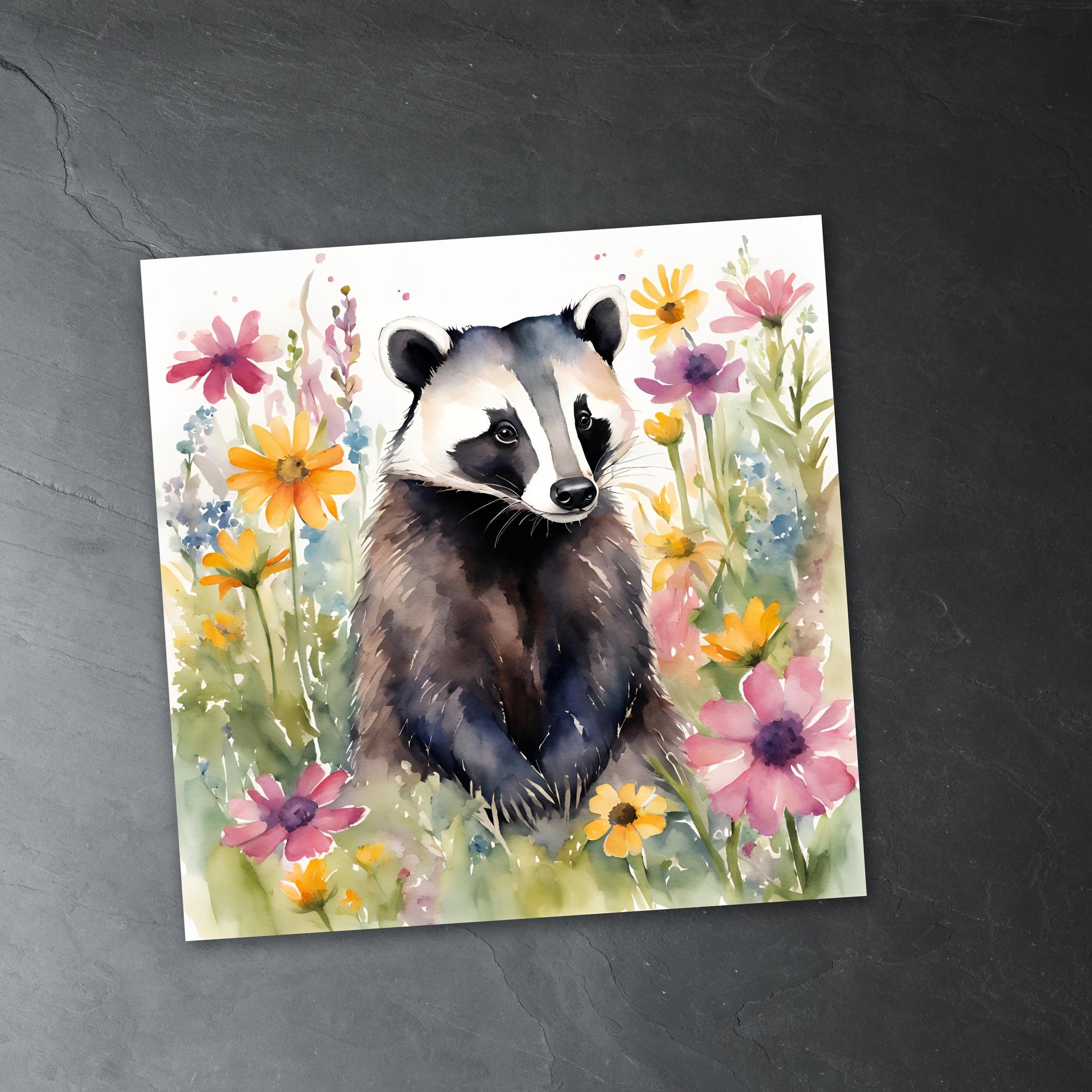 a painting of a raccoon in a field of flowers