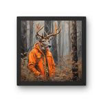 a painting of a deer wearing an orange jacket